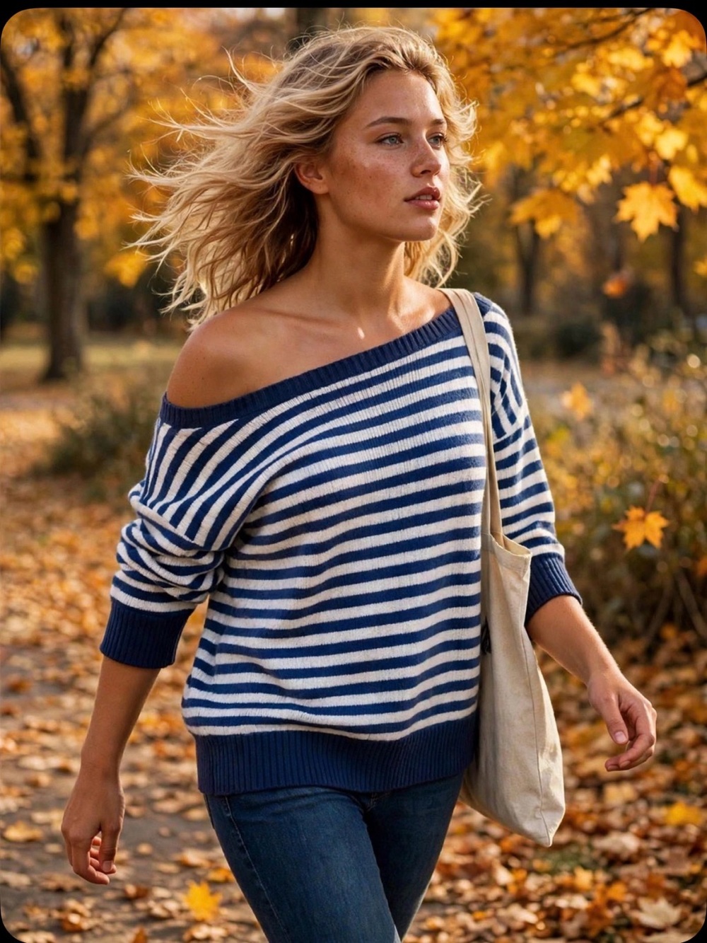 Striped Boatneck Sweater in Blue & White